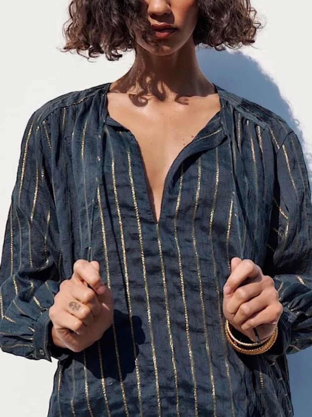 Zara Navy Top with Gold Metallic Stripes